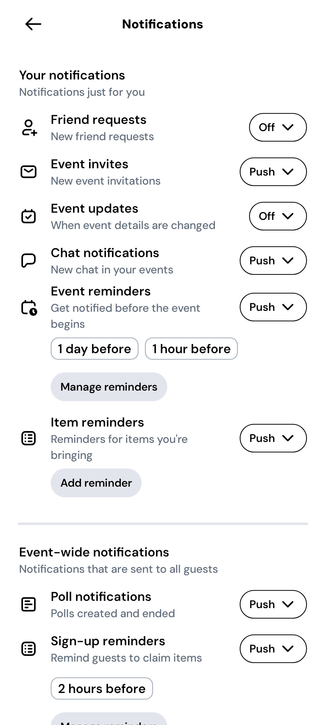 Hostly notification settings showing individual alert controls